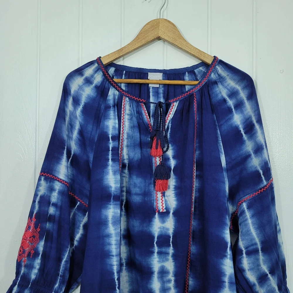 Chicos 4 Womens Sz 20/22 Blue White Tie Dye Tunic Pink Embroidery With Tassels - Picture 2 of 15